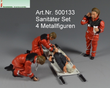 500133  Medi-Set - zwei Sanitäter, Notarzt und verletzte Person auf Trage.