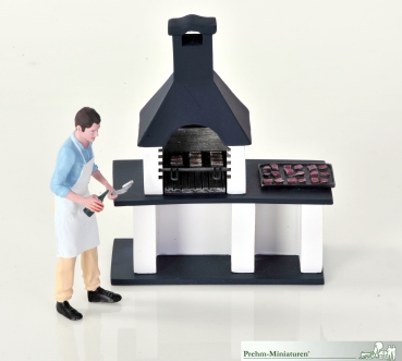 500602 Mann am Gartengrill mit großem Grillkamin - Metallfigur